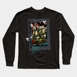 Ship Sailing 3D Style, Vintage Retro Painting Long Sleeve T-Shirt